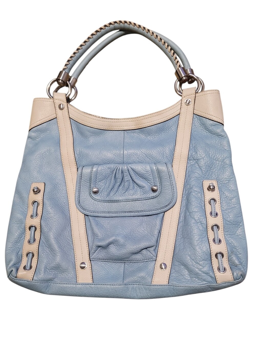 B. Makowsky Large Leather Hobo Satchel Sky Blue Cream Braided Rope Handles